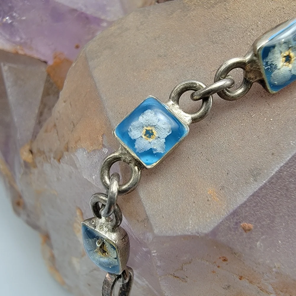 VTG Art Deco Resin Floral Tiny Flowers 925 Signed Sterling Silver Bracelet 14g